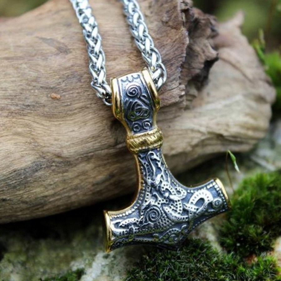 Thors Hammer Halskette Silber Gold vorne